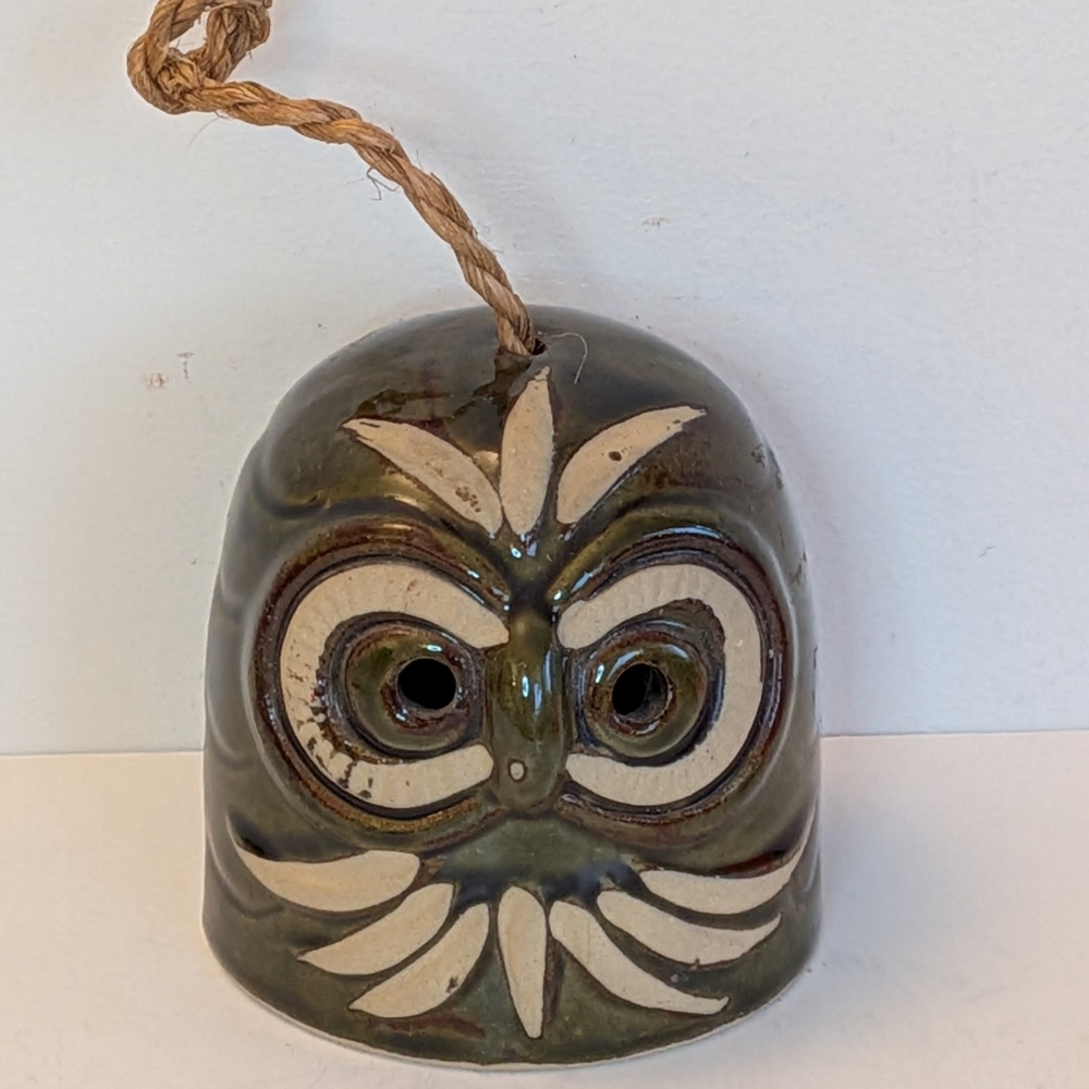 Vintage Ceramic Owl Bell Wind Chime Japan Pottery Green with White Accents
